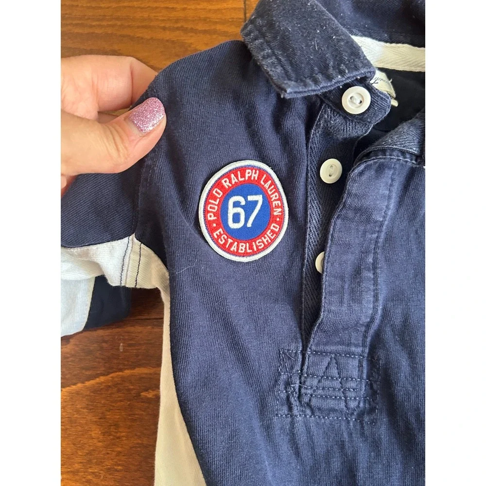 Ralph Lauren Baby Boy Navy Blue Polo Romper One Piece 9M 67 Patch Striped